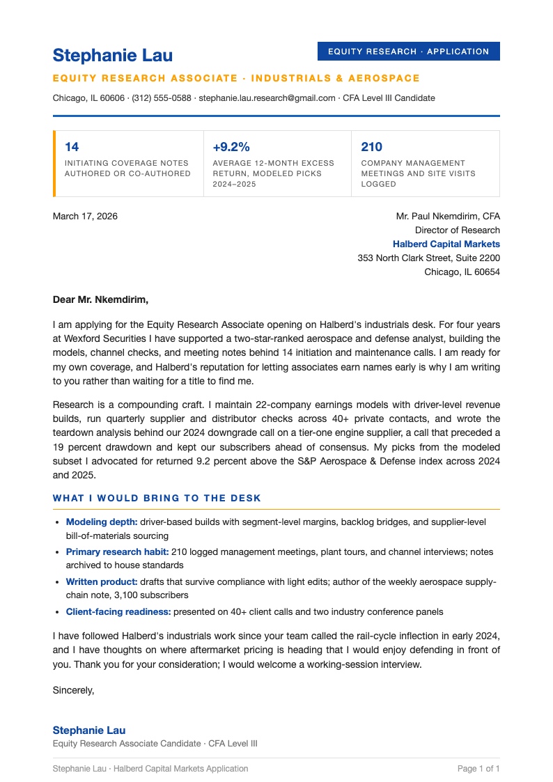 Investment research cover letter